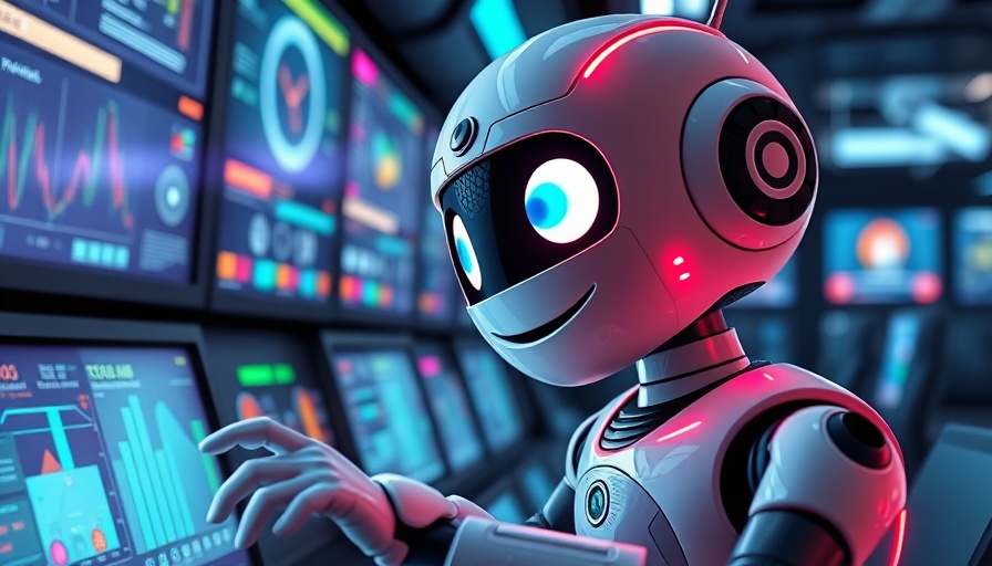 Futuristic robot personalizing videos with AI in a control room.