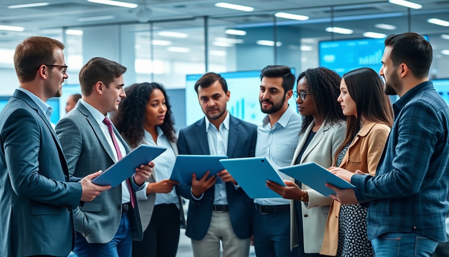 Diverse professionals discussing a video marketing strategy in a modern office.