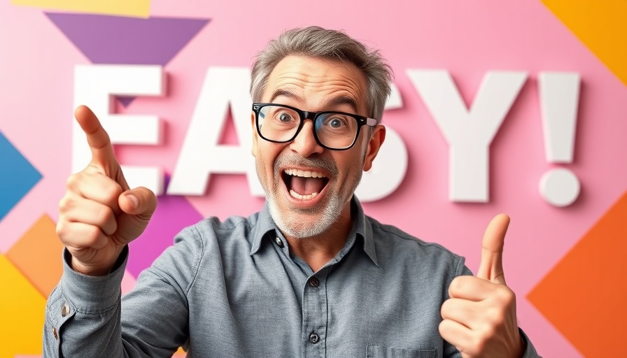 Excited man pointing to 'EASY!' in a vibrant video marketing image.