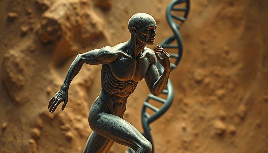 Anatomical figure running with DNA helix background.