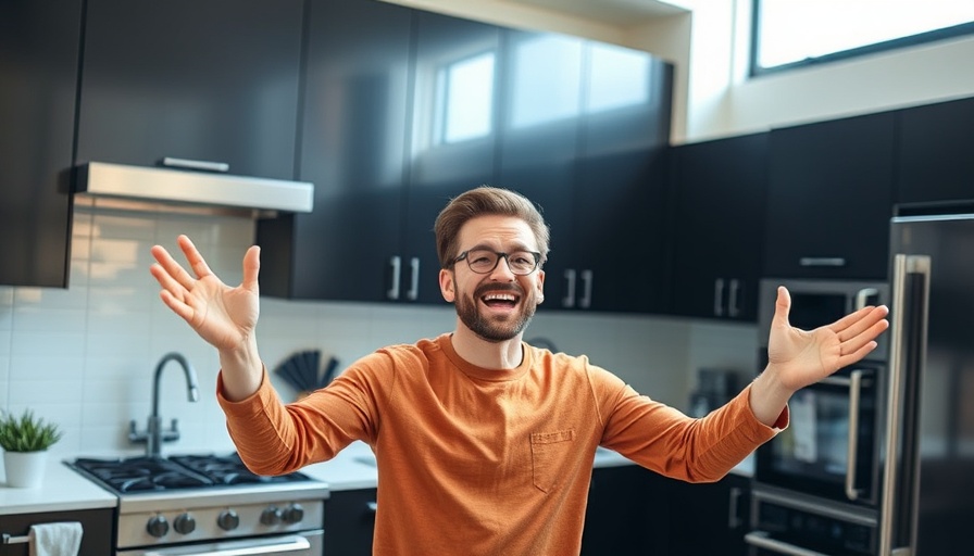 Enthusiastic person in kitchen explaining video marketing strategy.
