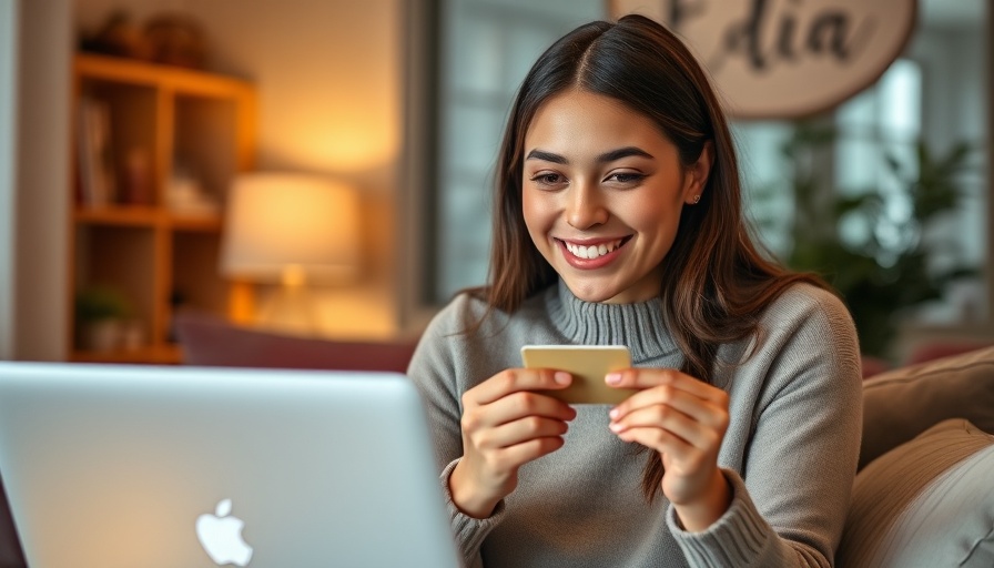 Young woman using a laptop for affiliate marketing, smiling contentedly.