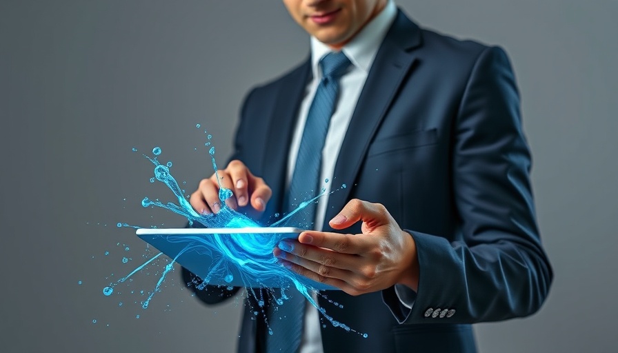 Businessperson creating a digital splash effect on a tablet, online advertising concept.