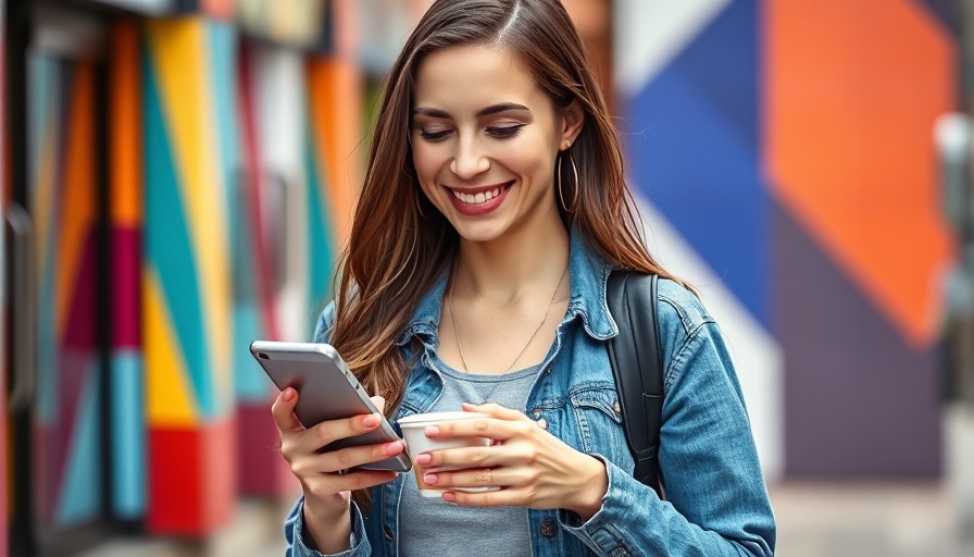 Young woman resetting Instagram algorithm on her phone, smiling casually.