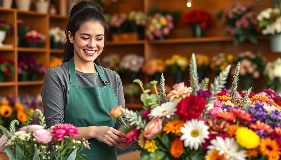 Smiling florist arranging flowers in shop for Instagram Ads.