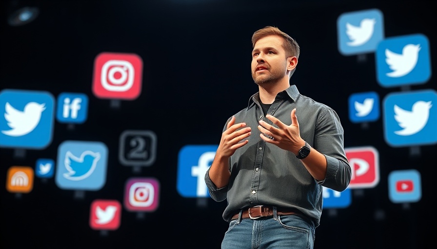 Speaker discussing digital marketing ads surrounded by social media icons.