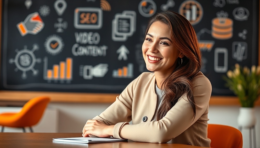 Woman discussing digital marketing ads with visual icons on blackboard.