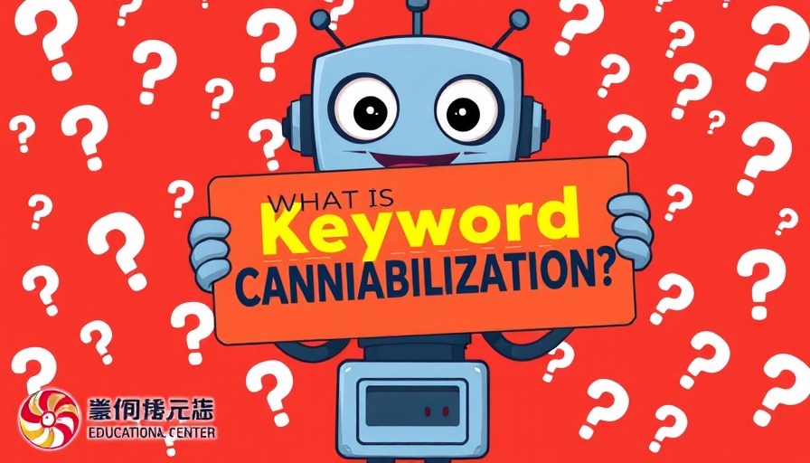 Quirky cartoon robot with SEO sign on keyword cannibalization.