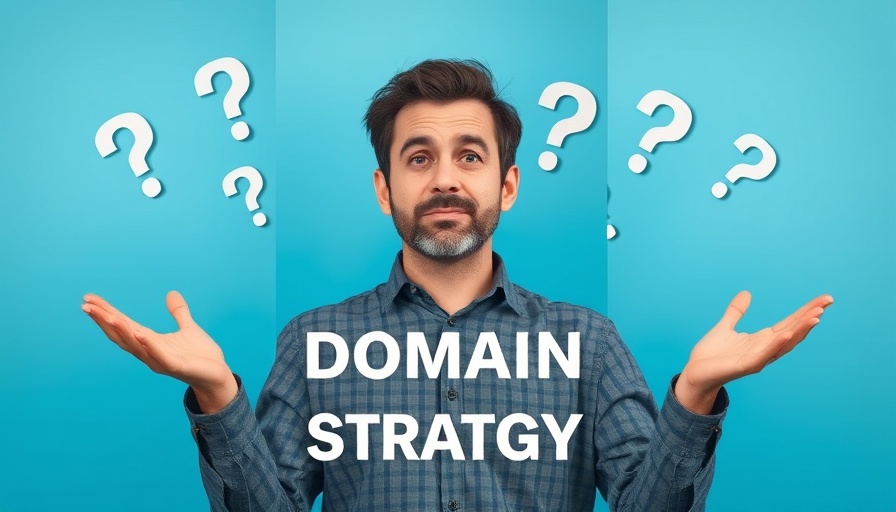 Man contemplating one domain vs. many for SEO, blue backdrop.