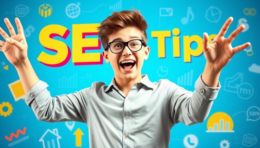 Celebrating SEO tips presentation with vibrant infographic background.