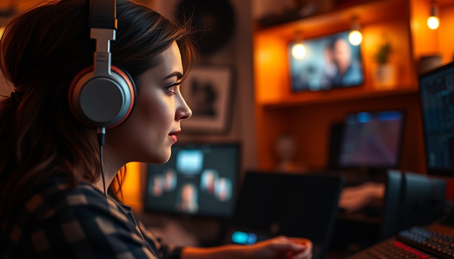 Woman creating video content in cozy studio for influencer marketing campaigns.