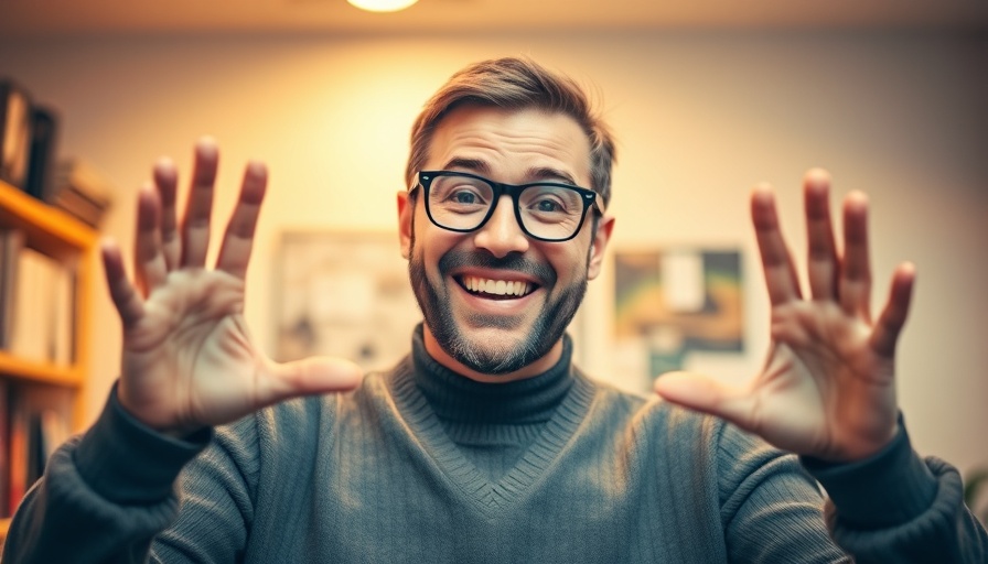 Smiling man animatedly discusses Eminem's Secret Sales Trick in an office.