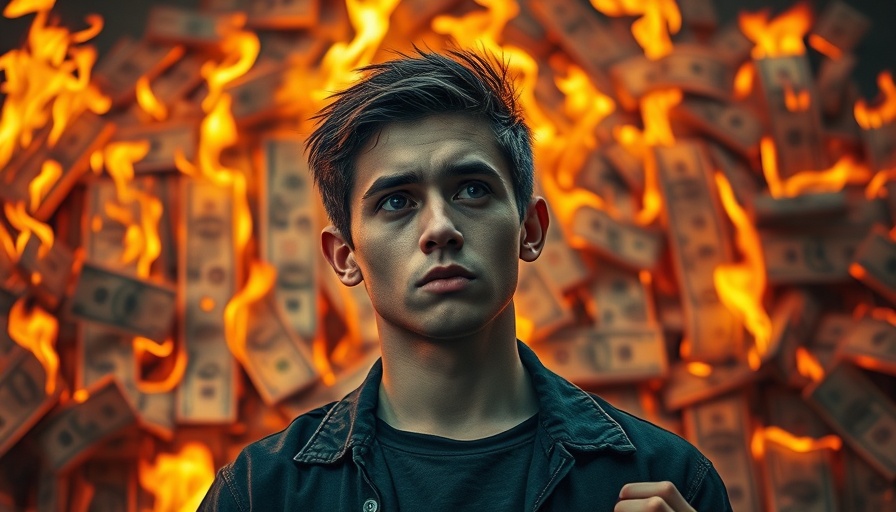 Concerned man pondering online advertising amid dollar flames.