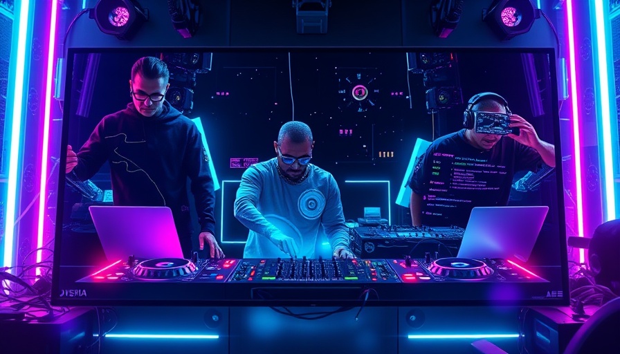 Digital collage of DJs on screen, vibrant neon colors, social media marketing.