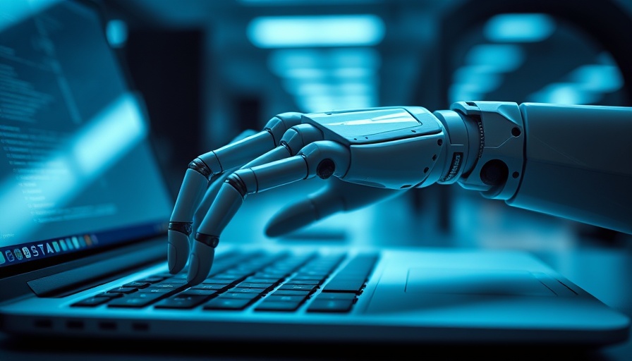 Robotic hand typing on laptop, AI art copyright protection concept.