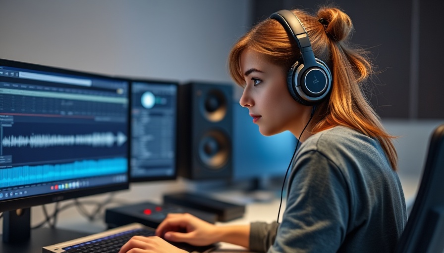 Audio editing setup with waveforms on screens, essential podcasts for affiliate marketers.
