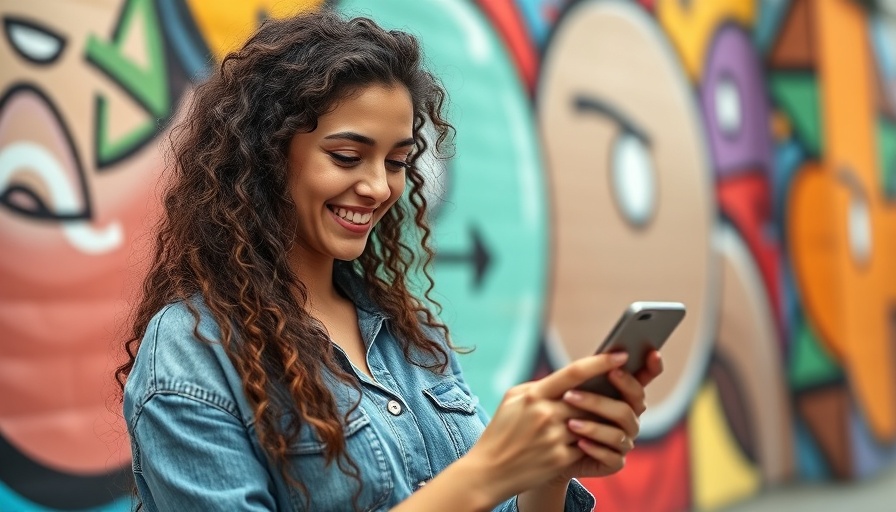 Young woman smiling at phone, coffee in hand, colorful wall behind, Instagram algorithm reset
