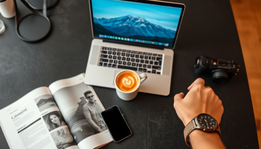 Modern workspace with laptop, magazine, coffee; social media marketing strategy.