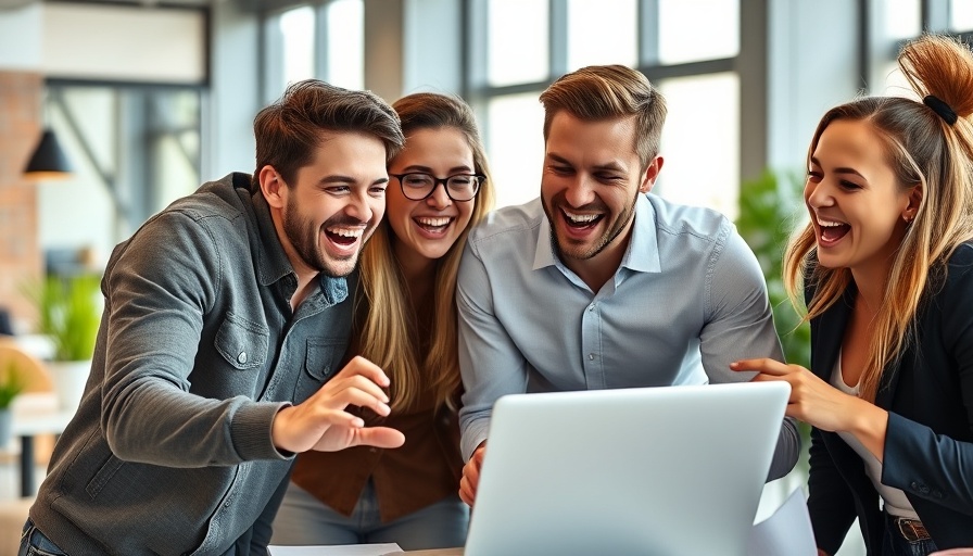 Young marketers analyzing Instagram statistics with joy in a modern office.
