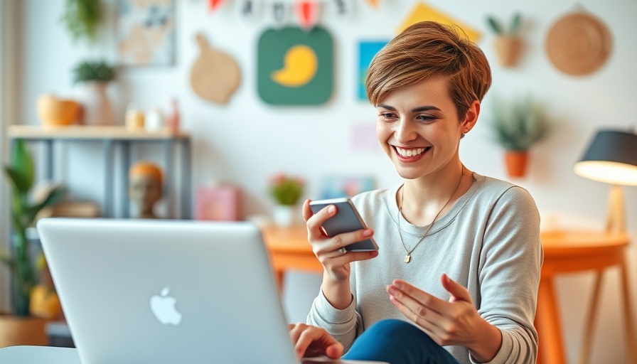 Smiling woman multitasking for social media marketing.