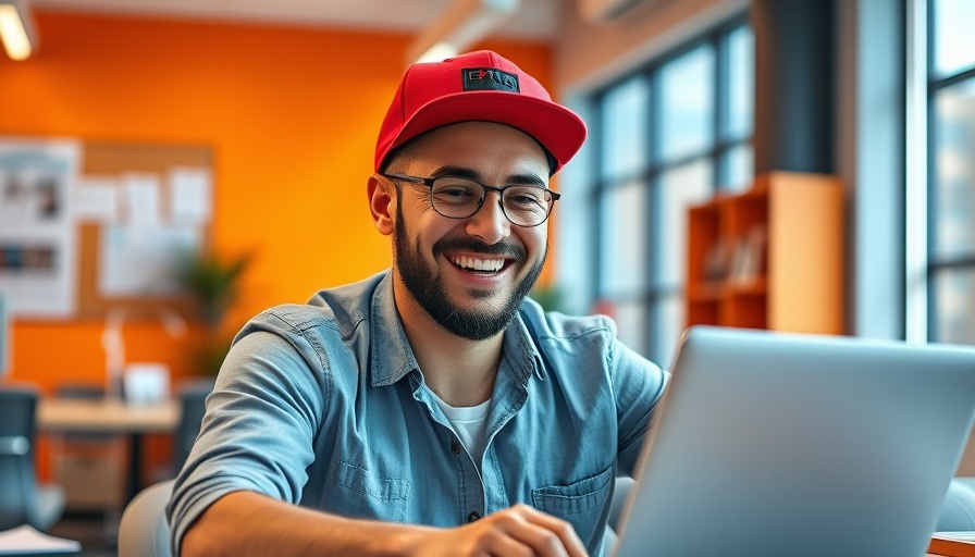 Cheerful man working on laptop with LinkedIn hashtags in 2025.