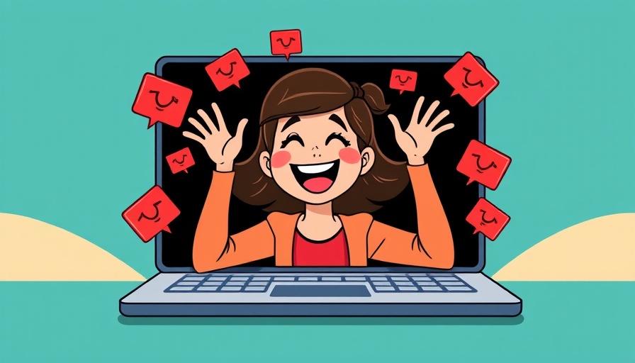 Woman emerging from laptop with notification bells, representing YouTube description templates.