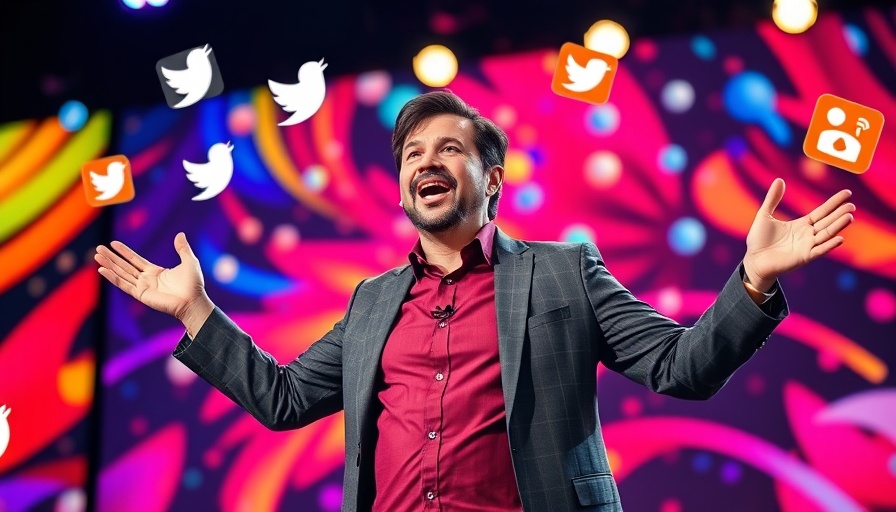 A presenter energetically discussing surrounded by social media icons.