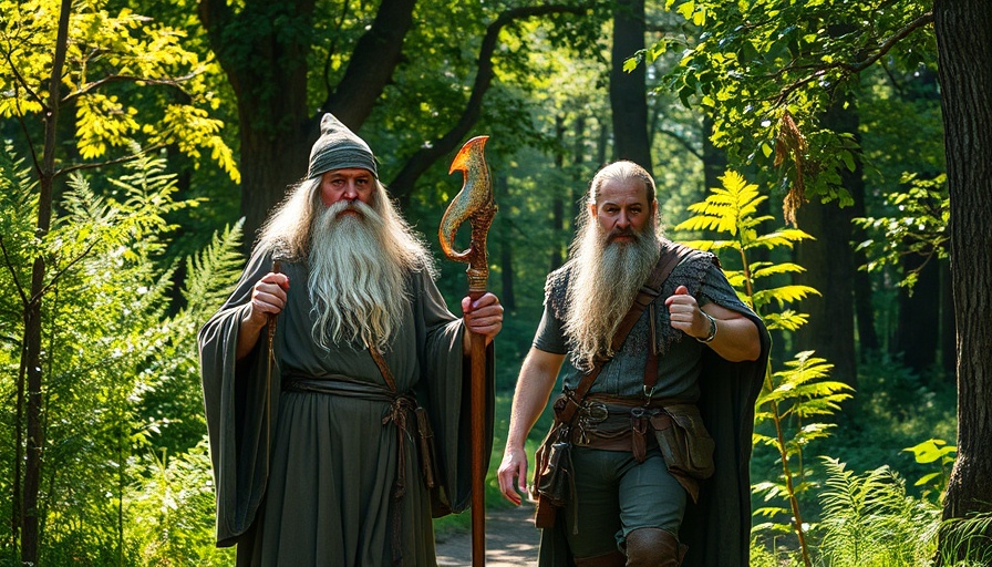 Storytelling with wizard and adventurer in enchanted forest.