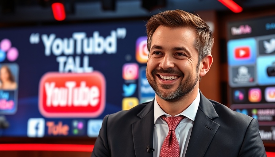 YouTube marketing strategies talk show with smiling host in suit.
