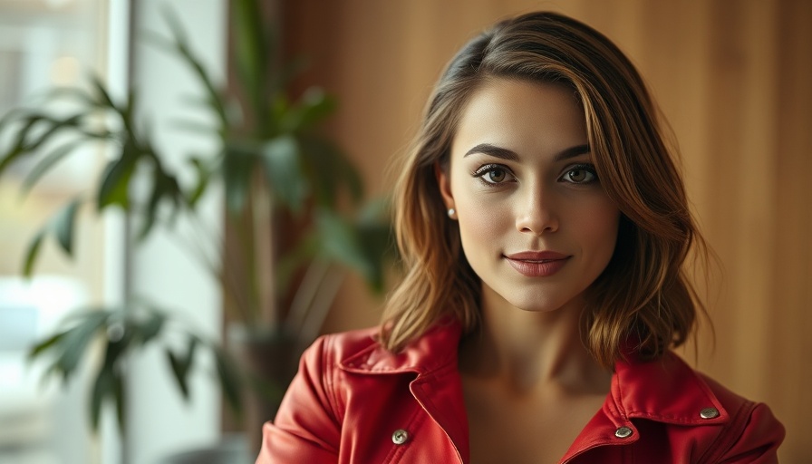 Confident woman in red jacket discussing TikTok marketing guide, engaging indoor setting.