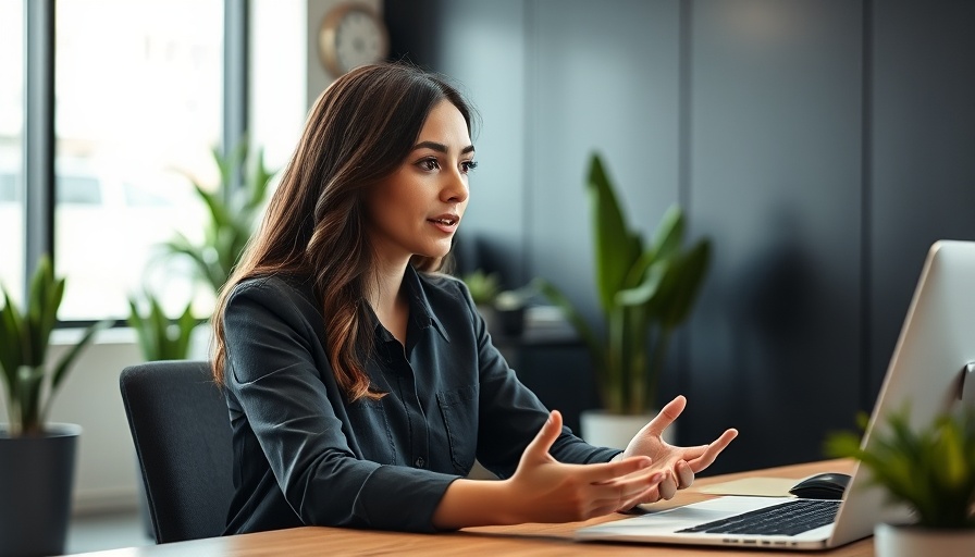Young woman discussing AI marketing tools in a modern office setting.