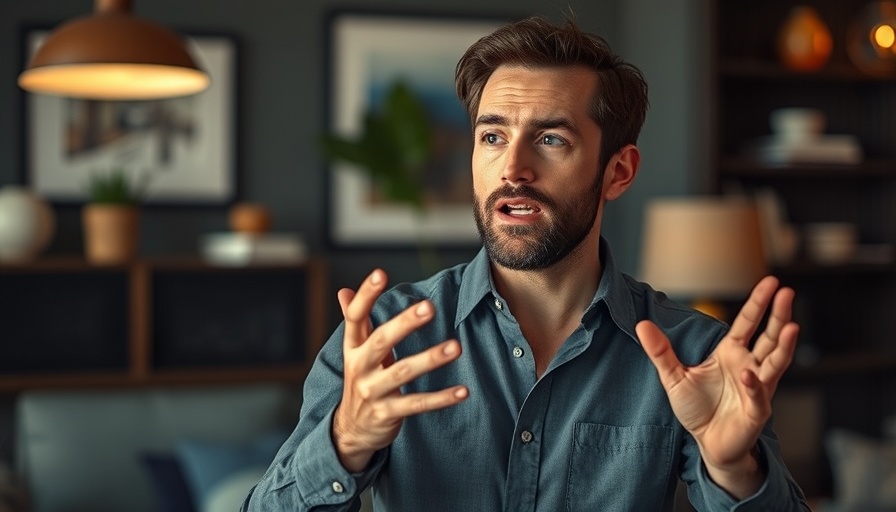 Man discussing animatedly indoors, highlighting social media marketing strategies.