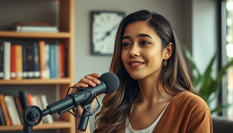 Confident woman podcasting about social media platforms to grow on, focused expression.