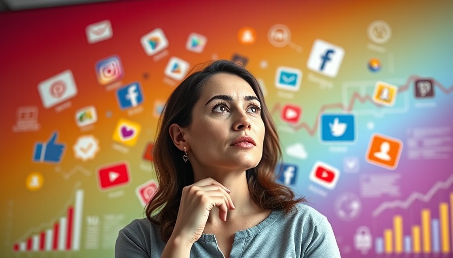 Woman considering social media growth strategies with icons.