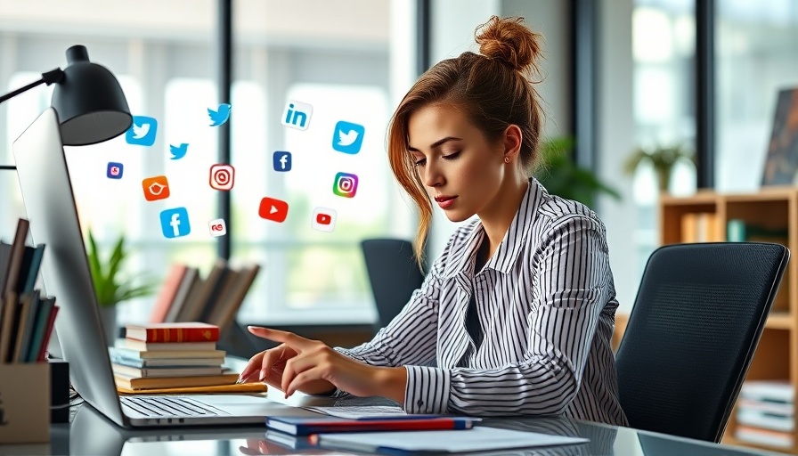 Social media marketing for small businesses guide with icons and focused woman.