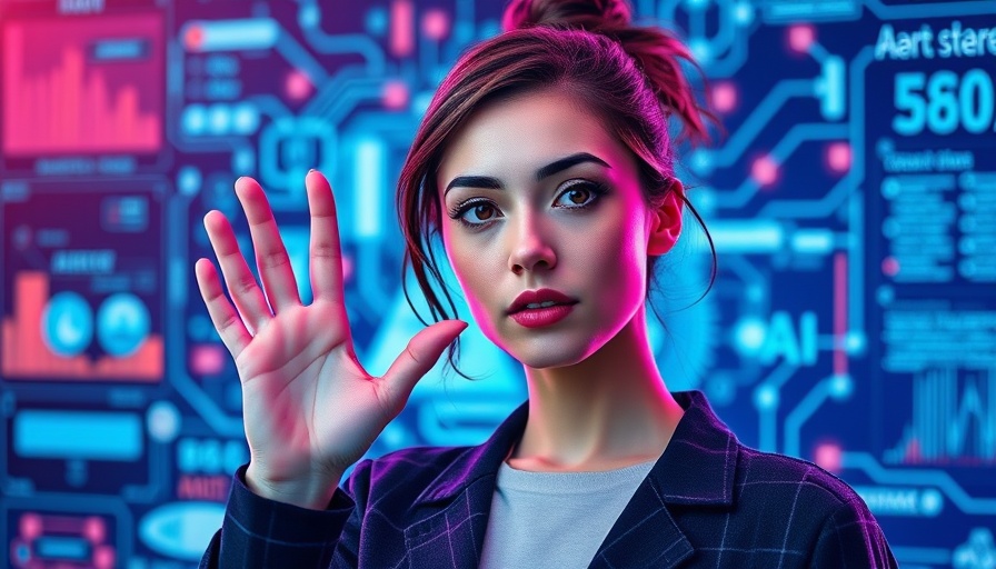 How to Use AI to Grow Your Business: Modern tech background with a curious woman.