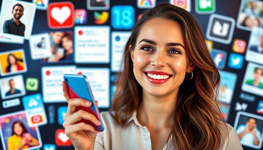 Smiling woman showcases social media content strategy surrounded by posts.