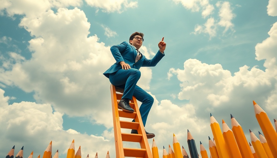 Person climbing pencil ladder symbolizing setting content marketing goals.