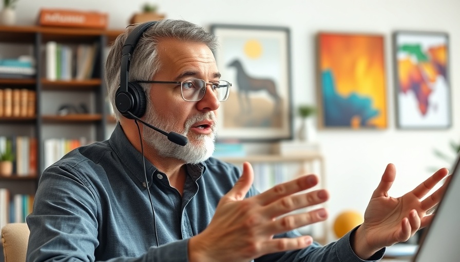 Middle-aged man discussing press release distribution in home office.