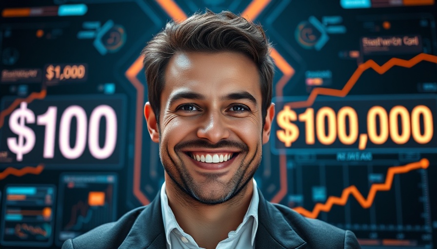 How to make money online with AI: Smiling man with success graphics.