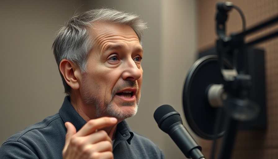 Expressive man speaking into microphone, Healing Journey and Social Media Marketing.