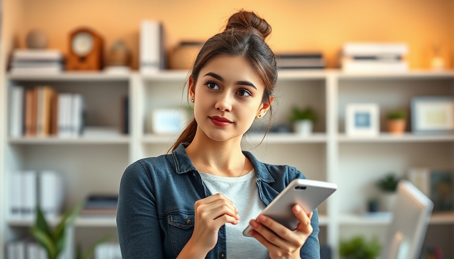 Confident young woman balancing educational and entertaining content for social media strategy in office setting.