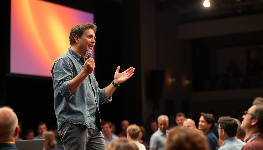Dynamic speaker on stage engaging audience in brand building discussion.