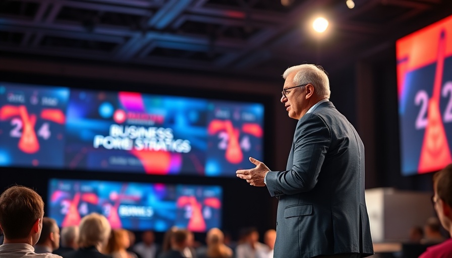 Engaged speaker discussing business strategies at a conference.