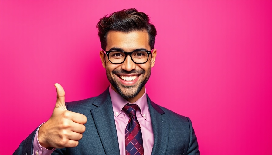 Pop art man in suit, smiling confidently, pink background.