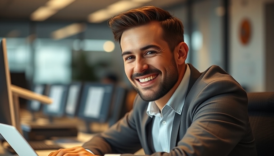Smiling man promoting ways to build a profitable online business through affiliate marketing.