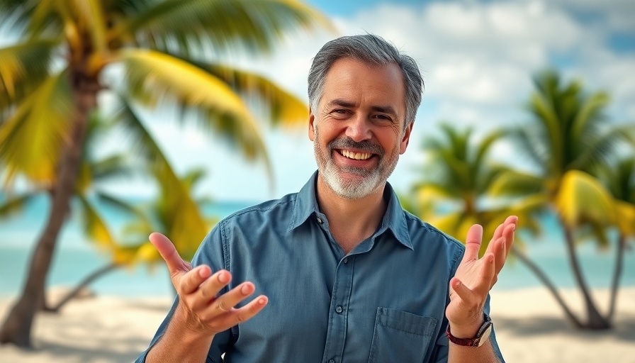 Man discussing email marketing open rates in tropical-themed setup.