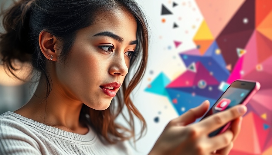 Woman using smartphone for social media strategy 2025, digital collage.