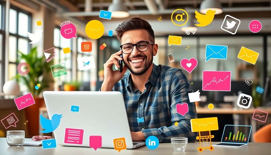 Cheerful entrepreneur on phone surrounded by social media icons, social media entrepreneurship.