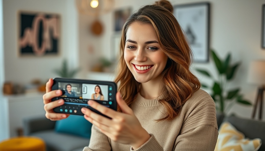 Young woman shows video editing app for voiceover reels tutorial.